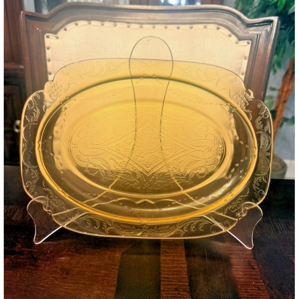 Vintage Amber Depression Glass Oval Relish Serving Tray Floral Scroll 1930's
